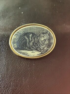 Gold-Tone Cat Brooch Pin in Black & White Illustration